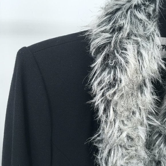 VTG Kasper 100% Wool Removeable Faux Fur Collar Blazer/Light Jacket 12 Black/Tan - Picture 6 of 16